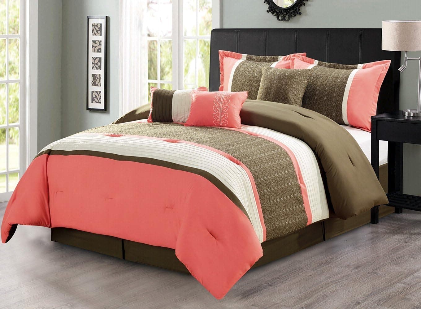 Grand Linen 7 Piece Oversize Coral Pink Brown Ivory Embroidered Luxury Comforter Set Full Size Bedding