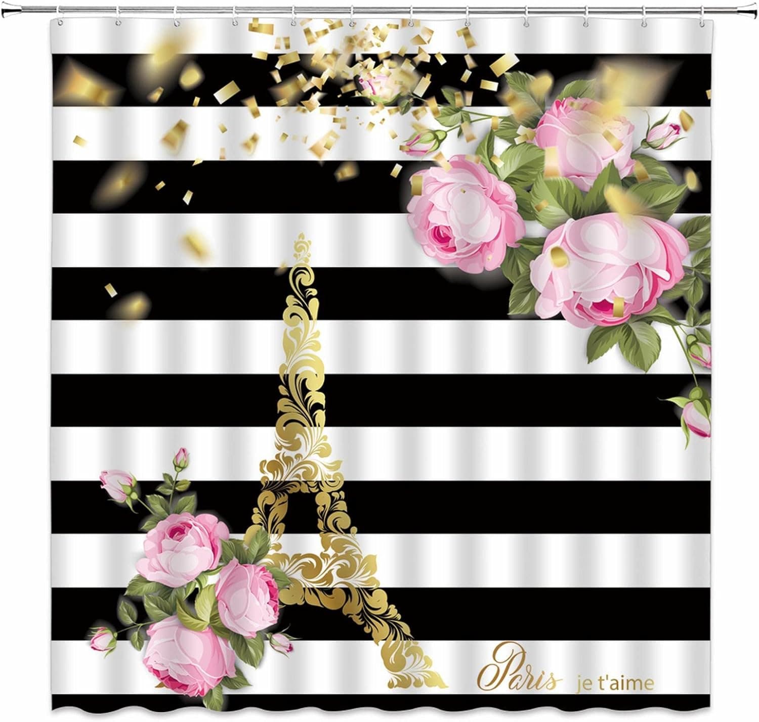 ieroayol Abstract Eiffel Tower Shower Curtain Stripes Flower Black White Paris Pink Rose Peony Spring Floral Vintage Bath Curtain 70" L x 70" W