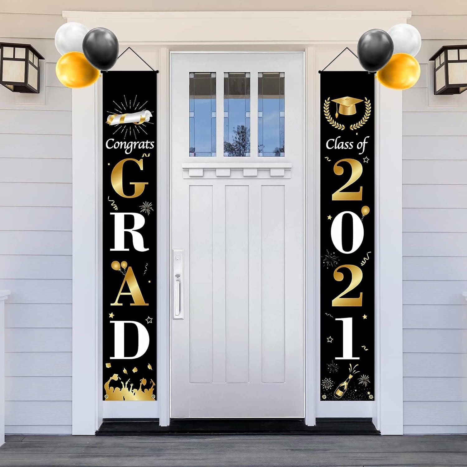 Graduation Decorations-2021,Graduation Decoration Hanging Banner Home Door Porch , Welcome Home Decor Sign,Congrats Graduation Party Supplies Hanging Gold Black And White Banner