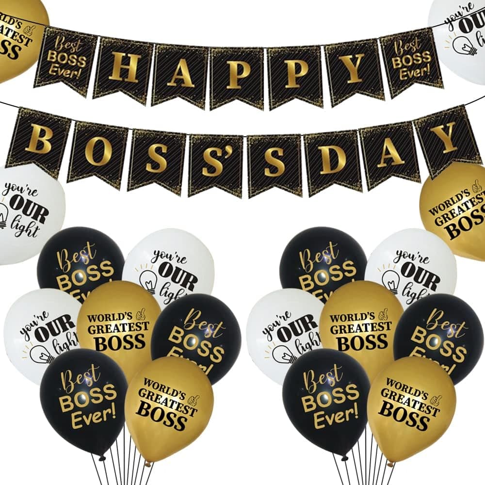 Boss's Day party Decoration,Happy Boss's Day Banner Black gold Glitter Latex Balloon for Happy Boss's Day Party Supplies Best Boss Ever Party Decor.