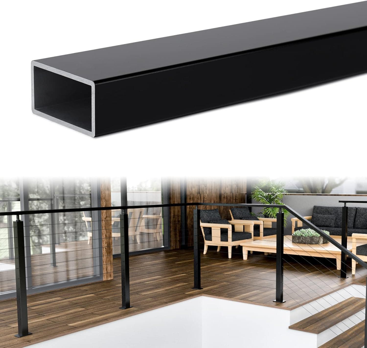 Muzata 6'6" Aluminum Handrail Black Rectangular Handrail Flat Top Rail Cable Railing System Deck Stair Indoor Outdoor, HL10 BPA