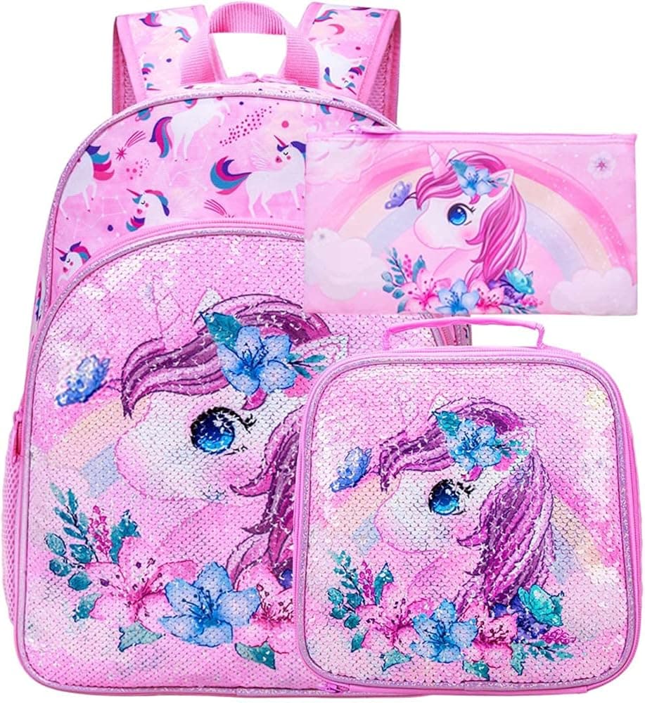 UFNDC 3PCS Backpack for Girls with Lunch Box,16”Kids Sequin Bookbag with Lunch Box, School Bag for Elementary Toddler