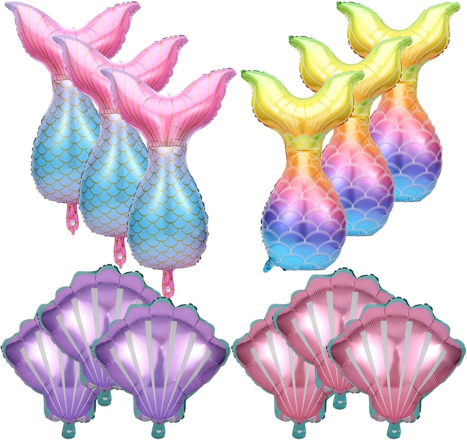 12 Pieces Mermaid Tail Balloons Sea Shells Balloons Helium Foil Ocean Balloons Bright Colored for Birthday Wedding
