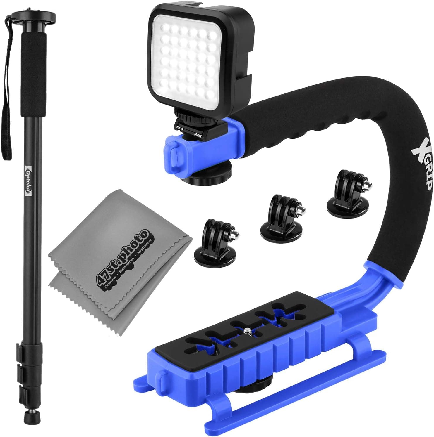 Opteka X-Grip Professional Action Stabilizing Handle with LED Video Light, 72" Monopod, 3X GoPro Tripod Mounts and Microfiber Cleaning Cloth for DSLR Cameras, Sports Action Cam and Camcorders (Blue)