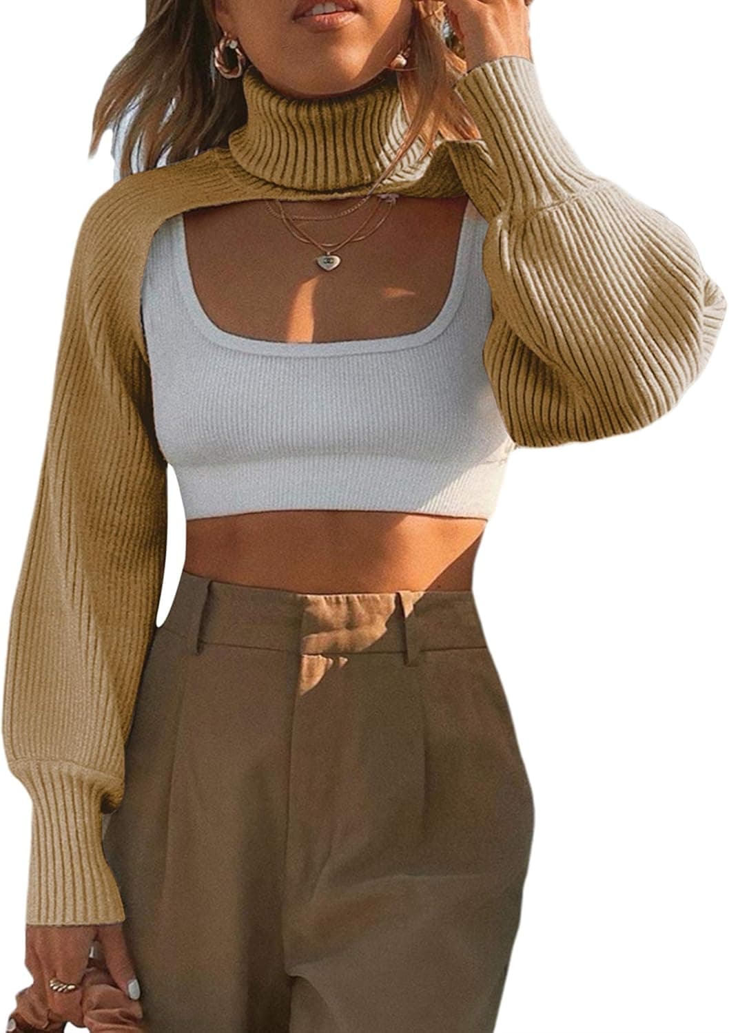 Women's High Collar Long Puff Sleeve Sweater Knitwear Pullover Crop Top Ultra Short Cropped Sweater Sweatshirt