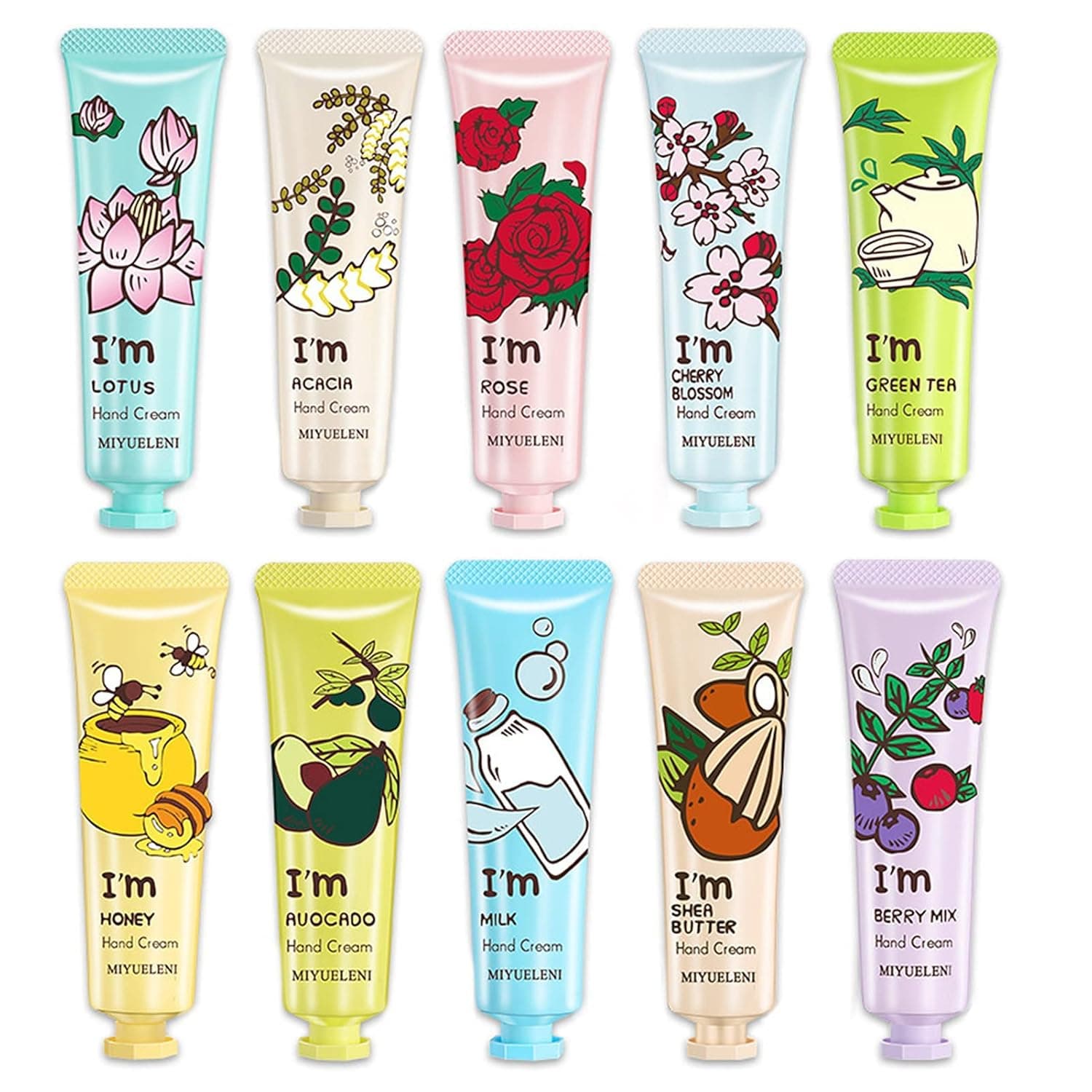 BONNIESTORE 10 Pack Fruits Fragrance Hand Cream, Moisturizing Hand Care Cream Travel Gift Set with Natural Aloe and Vitamin E for Women-30ml