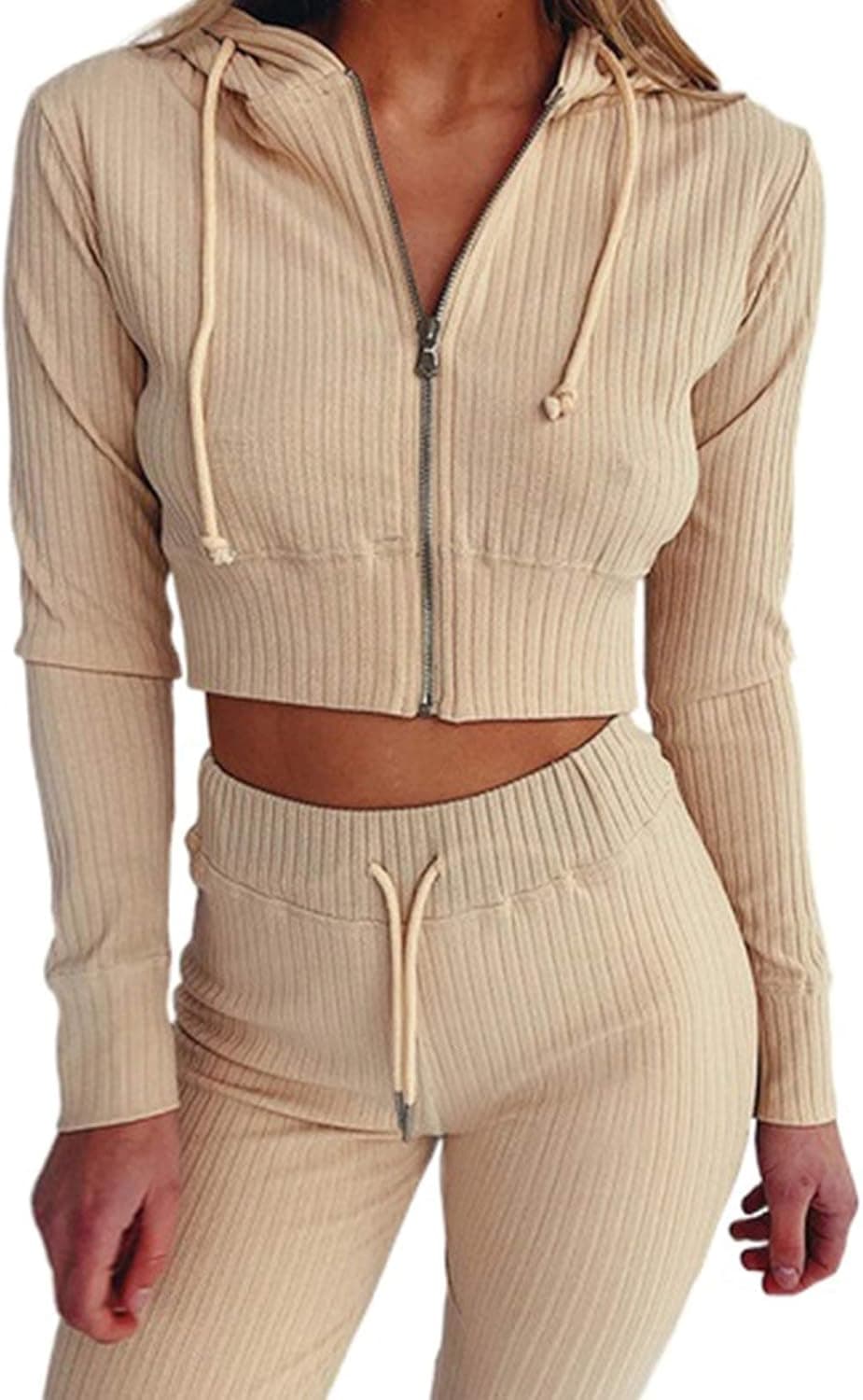 Paitluc Women Long Sleeve Zipper 2 Piece Workout Fitness Active Outfits Sweatsuits Pajamas Set Khaki M
