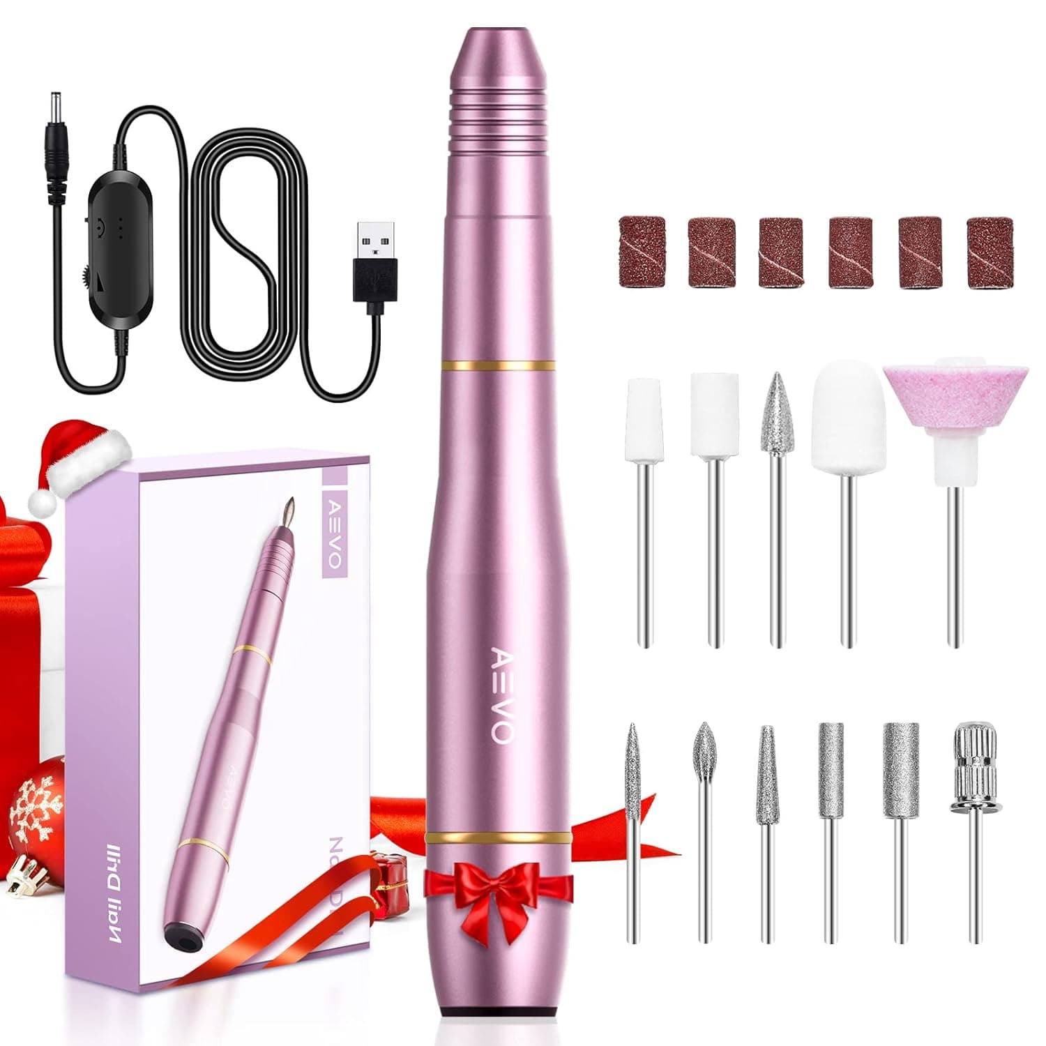 AEVO Electric Nail Drill Kit, Electric Nail Drill Machine, Electric Nail Drill Kit, Upgraded USB Manicure Filer, Sander Polisher, 11X Changeable Filing Bits, Cleaning Brush, 36X Sanding Bands, Pink