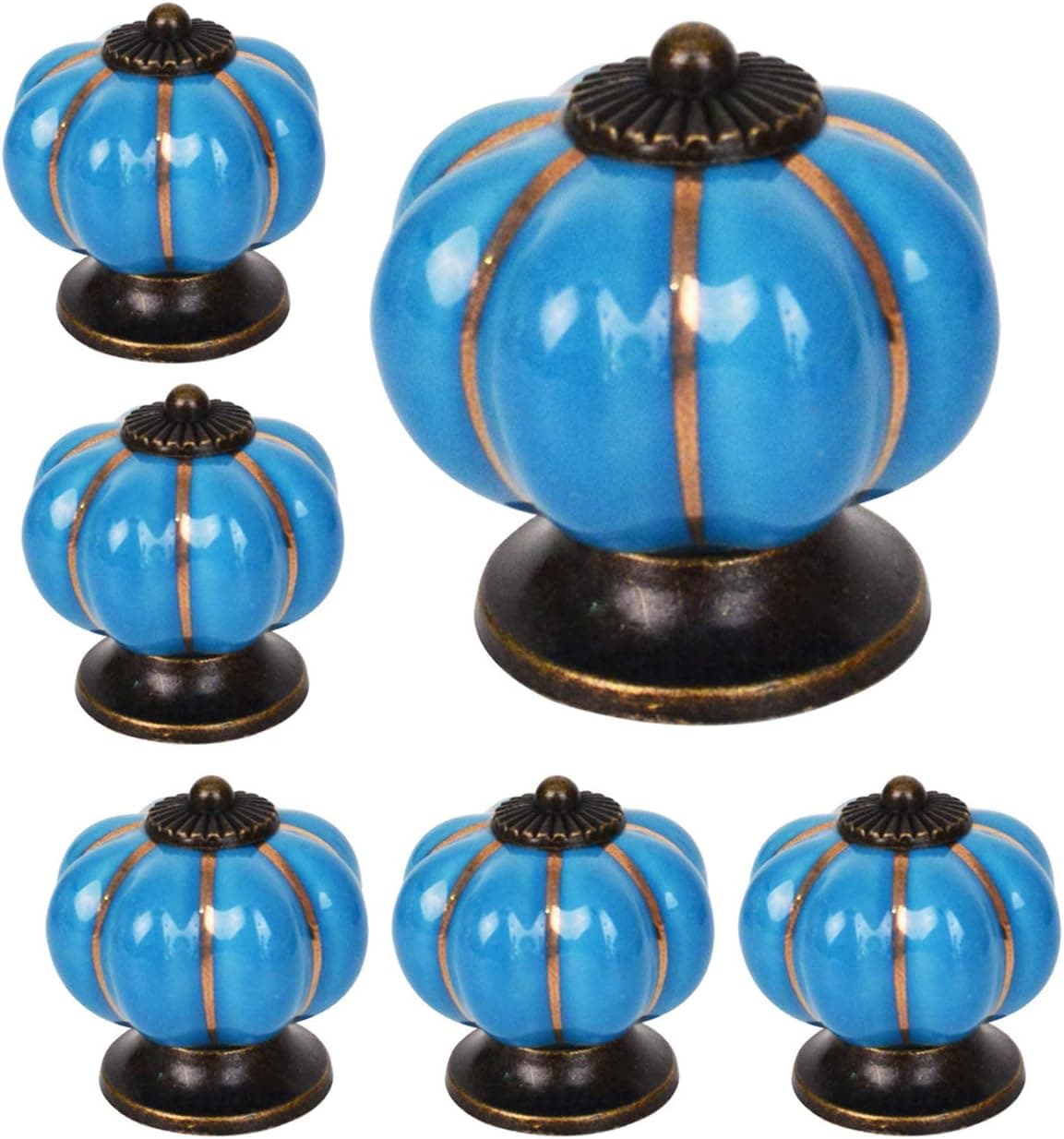 Fine tools 6 Pack Vintage Ceramic Pumpkin Door Knobs Kitchen Cabinet Drawer Dresser Cupboard Pull Handle Knob with 3 Length Screws (Blue)
