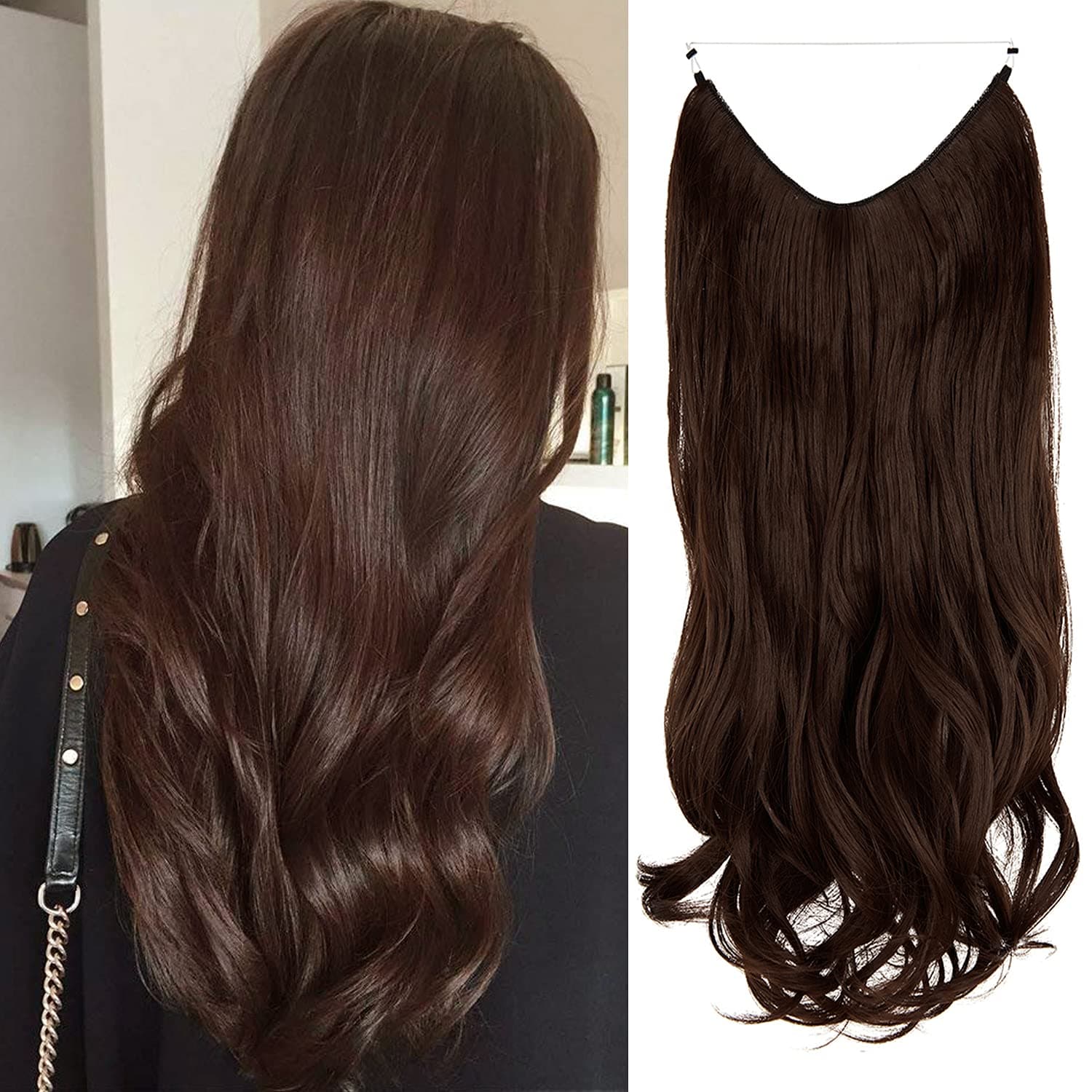 Hair Extensions Medium Brown Long Wavy Curly Synthetic Hairpiece 18 Inch 4.2 Oz Adjustable Transparent Secret Wire Headband for Women Heat Resistant Fiber No Clip