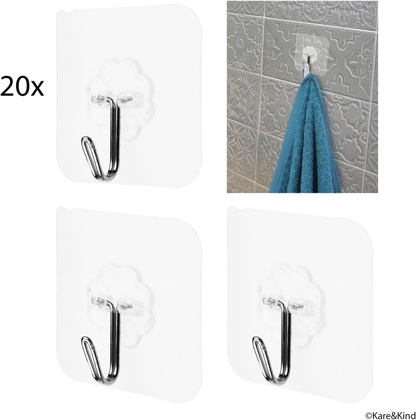 Kare & Kind 20-Pack of Transparent Wall Hooks - Self Adhesive, Heavy Duty, Waterproof - Will Match Your Bathroom or Kitchen Tiles, Cabinets, Mirror, Glass Door, Shelves - For Keys, Coats, Towels, etc.