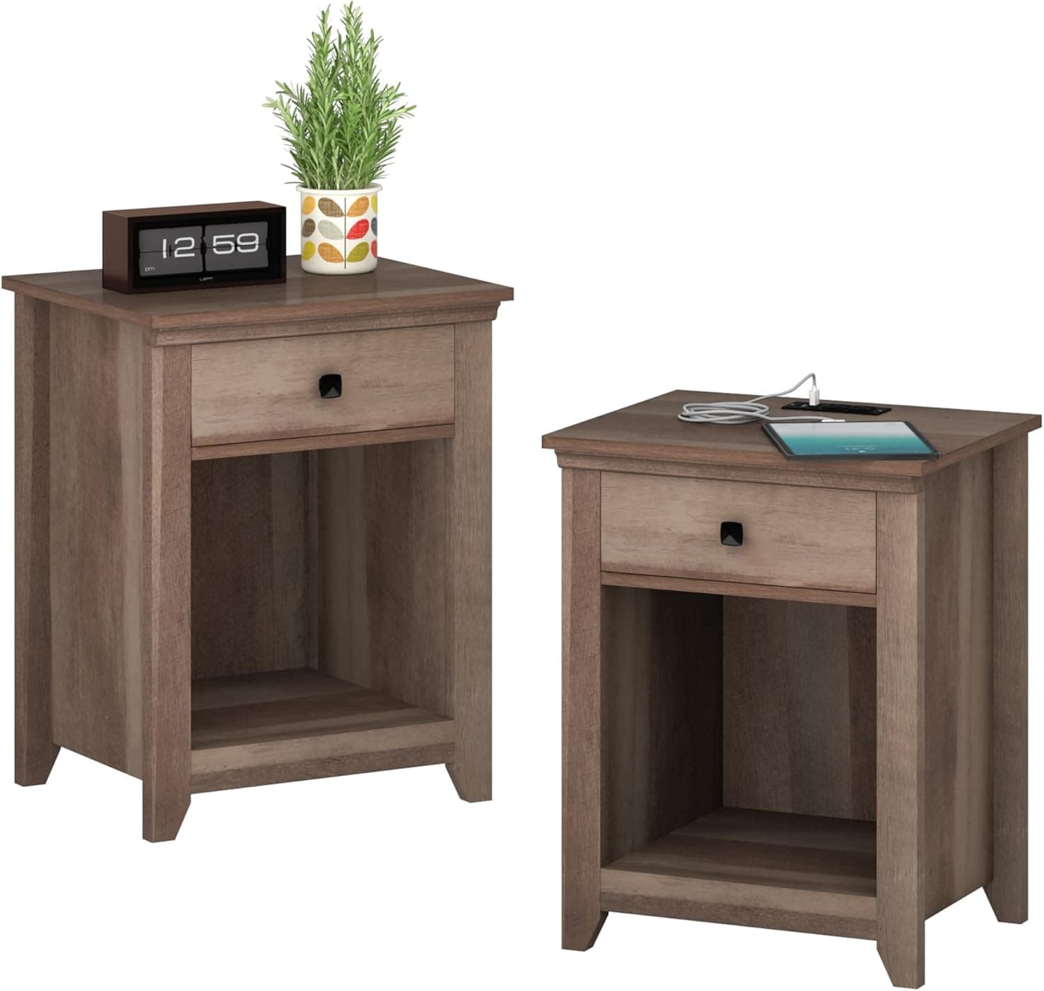 JAXPETY Farmhouse Nightstand, Bedside Table Night Stand End Table Side Table with Drawer and Shelf, Wood Storage Cabinet for Home Bedroom, USB Charging Station (2-Pack, Rustic Brown)