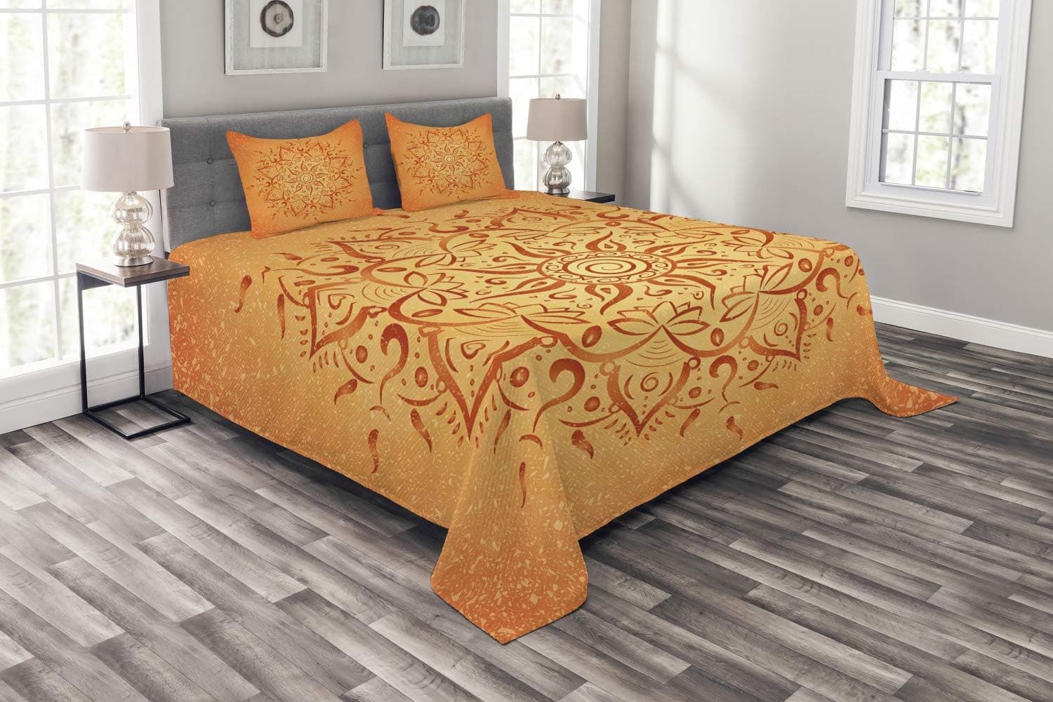 Ambesonne Lotus Bedspread, Sun Pattern with Ombre Effect Mandala Culture Print, Decorative Quilted 3 Piece Coverlet Set with 2 Pillow Shams, Queen Size, Orange