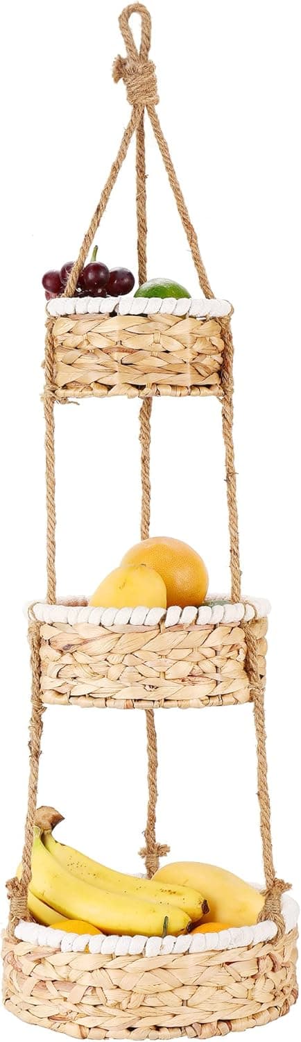 VIKEYHOME 3 Tier Hanging Fruit Basket, Natural Woven Seagrass Wicker Baskets, Kitchen Fruit Storage Organizer, Plant Holder, Handmade Modern Boho Home Decor for Countertop Space Saver