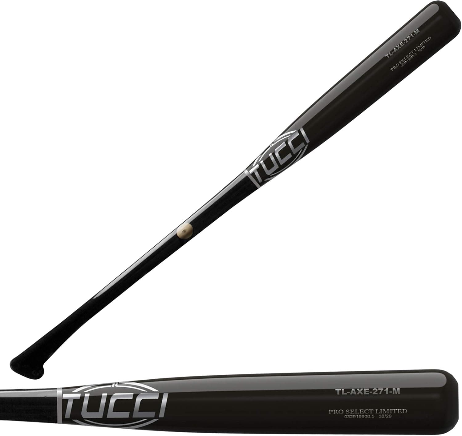 Tucci 271 Series Axe Handle Maple Wood Baseball Bat, Pro Select, Black Barrel, Black Handle, 32"