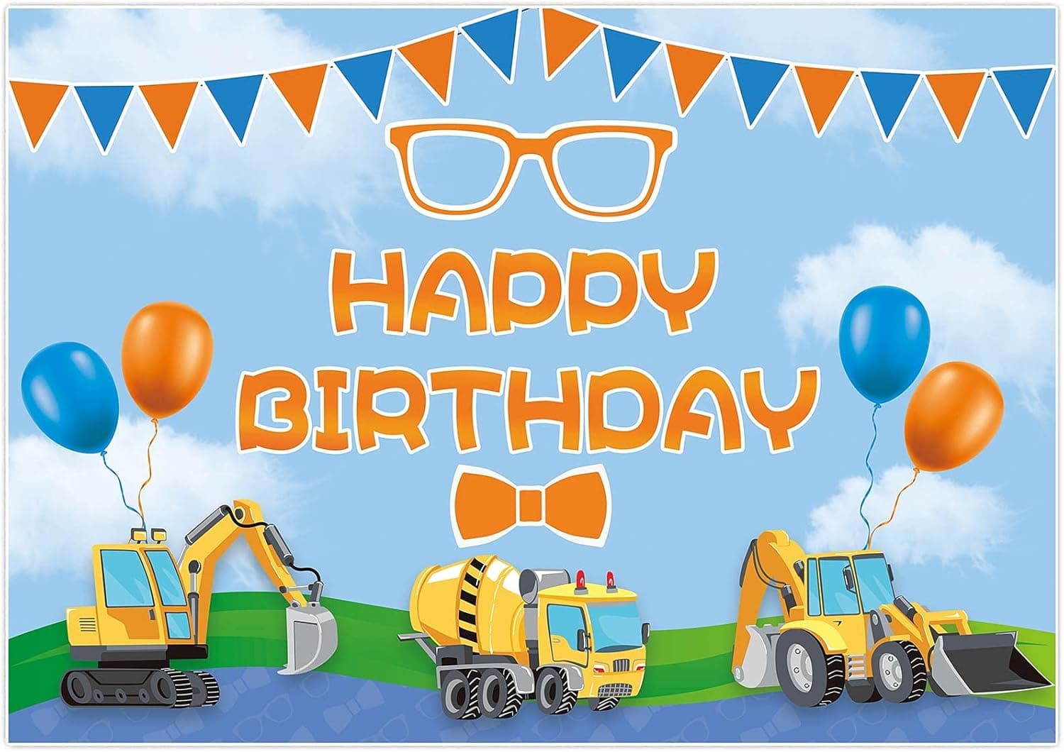 Allenjoy Construction Birthday Backdrop Blue Sky Cartoon Truck Digger Excavator Kids Bday Party Banner Photography Background Decoration Cake Table Supplies Photo Booth Props 6x4ft