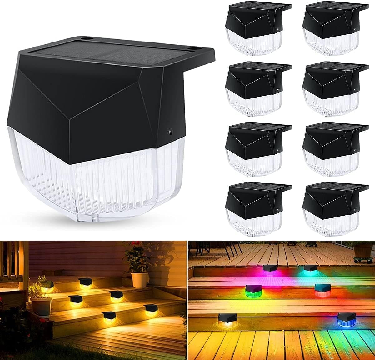 Solar Deck Lights Outdoor 8 Pack Solar Fence Lights Led Waterproof Solar Step Lights 7 Color Changing Color Glow Solar Lights for Patio Stair Post Fence Railings Pool