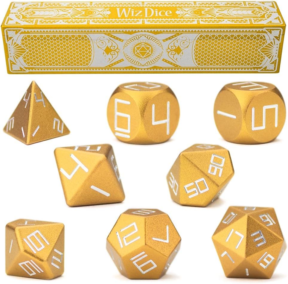 Wiz Dice Set of 8 Dorado Masterwork Precision Aluminum Polyhedrals with Laser-Etched Strongbox