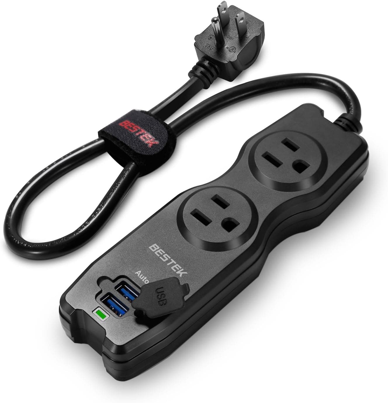 BESTEK MRJ2001 USB Surge Protector, 2-Outlet Travel Power Strip with Dual Smart USB Charging Ports(2.4A Max) and 1.3ft Ruggedized Cord, Etl Listed, Ideal for Home/Office/Travel