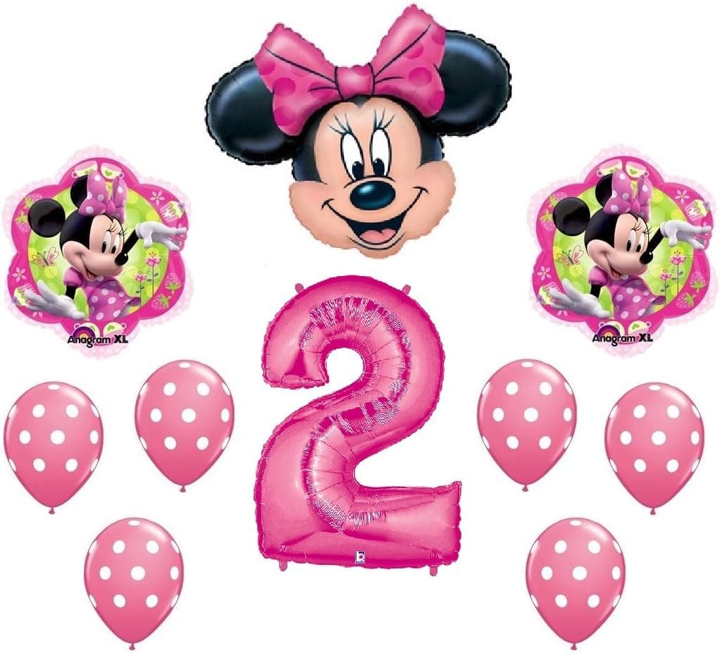 MINNIE MOUSE #2 2nd Pink Polka Dots Flower Shaped 10 Piece Birthday Party Mylar & Latex Balloon Set