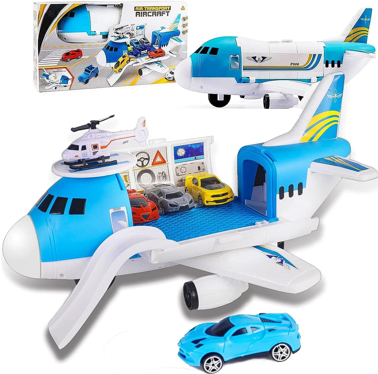 SANRUIHE Transport Cargo Airplane Car Toy Play Set Airplane-Toys Set 4pcs, Toy Vehicle Playsets Educational Vehicle Aircraft-Car Set for 3 4 5 Years Old Boys and Girls