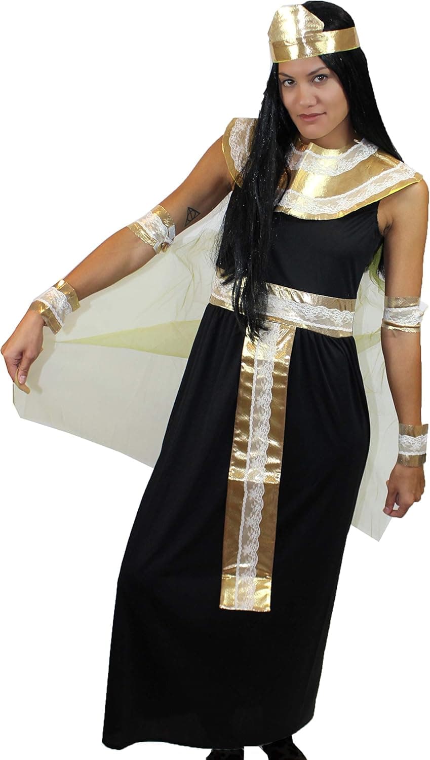 Cleopatra Nile Egyptian Queen Historical Halloween Costume, Multiple Color Options (Black and Gold or White and Gold)
