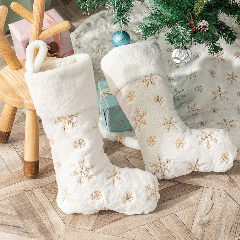 AtiMing 2pcs Plush Christmas Stockings White Faux Fur Large 56cm Deluxe Hanging Xmas Stockings with Gold Sequins Snowflake for Christmas Fireplace Decorations Socks (White-G, 22inches)