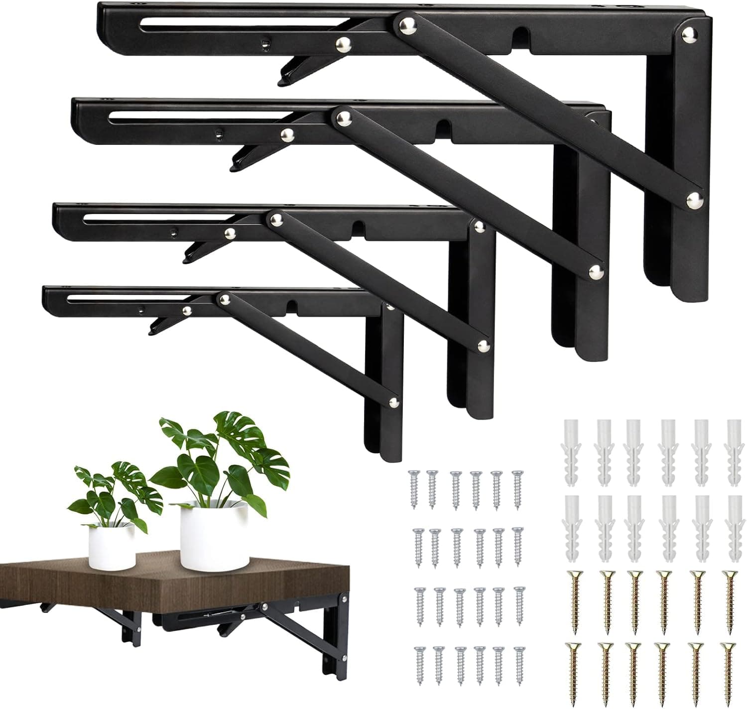 Auropeak Folding Shelf Brackets 16 inch 4 PCS, Thicken Adjustable Shelf Brackets, Shelf Brackets Heavy Duty, Stainless Steel Metal Collapsible Shelf Bracket for Bench Table, DIY Max Load 180 LB