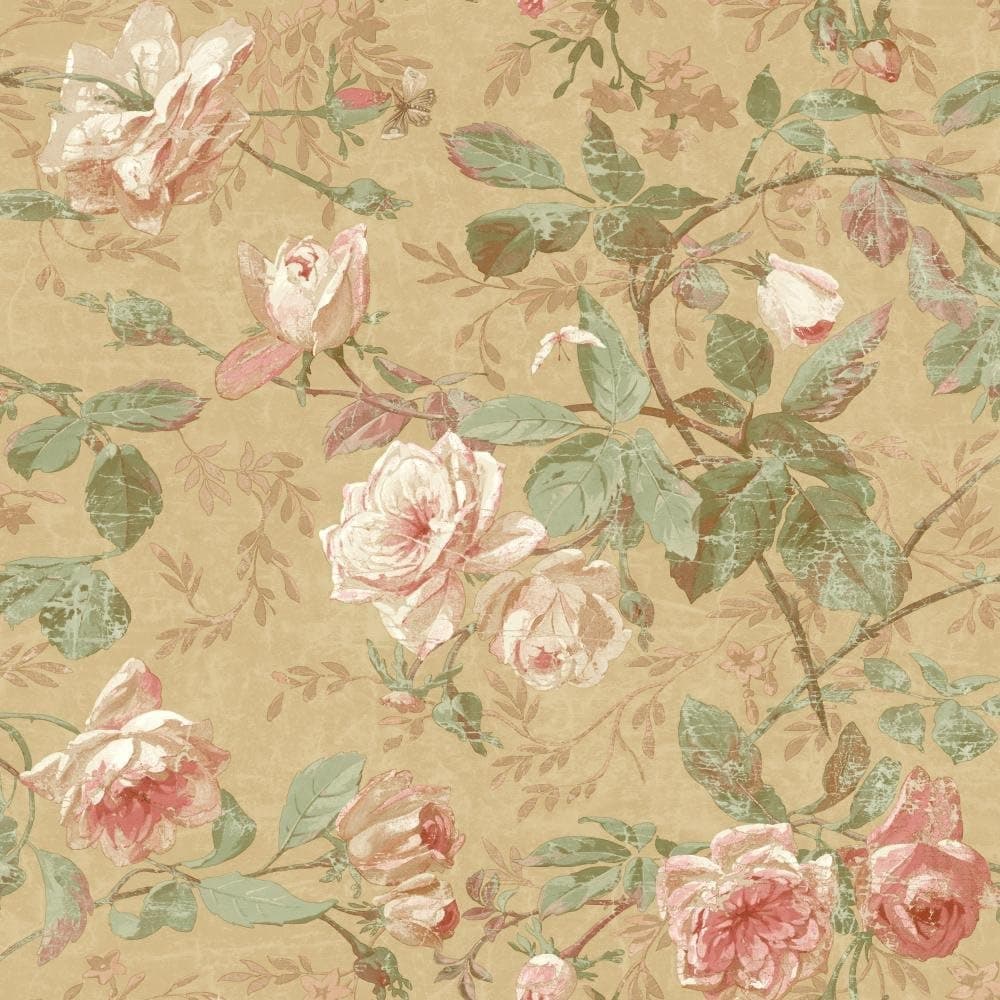 York Wallcoverings SH5505 Vintage Luxe Floral Wallpaper, Gold, Peach, Coral, White, Tan, Green