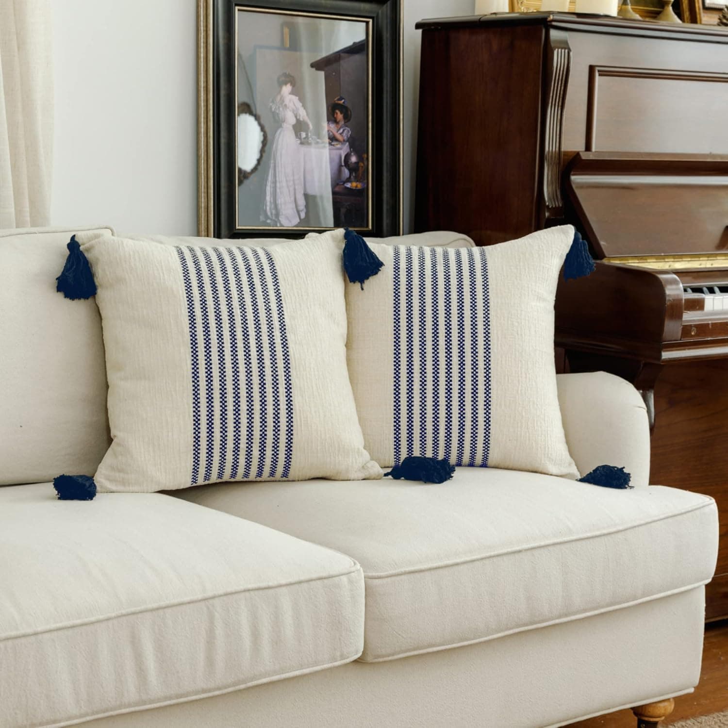 IKATYARN 20 x 20 Inches Pack of 2 Boho Navy Blue and Off White Embroidery Striped Throw Pillow Cover, Soft Chenille Pillowcase with Tassels, Modern Farmhouse Decor Cushion Cover for Couch Sofa Bed