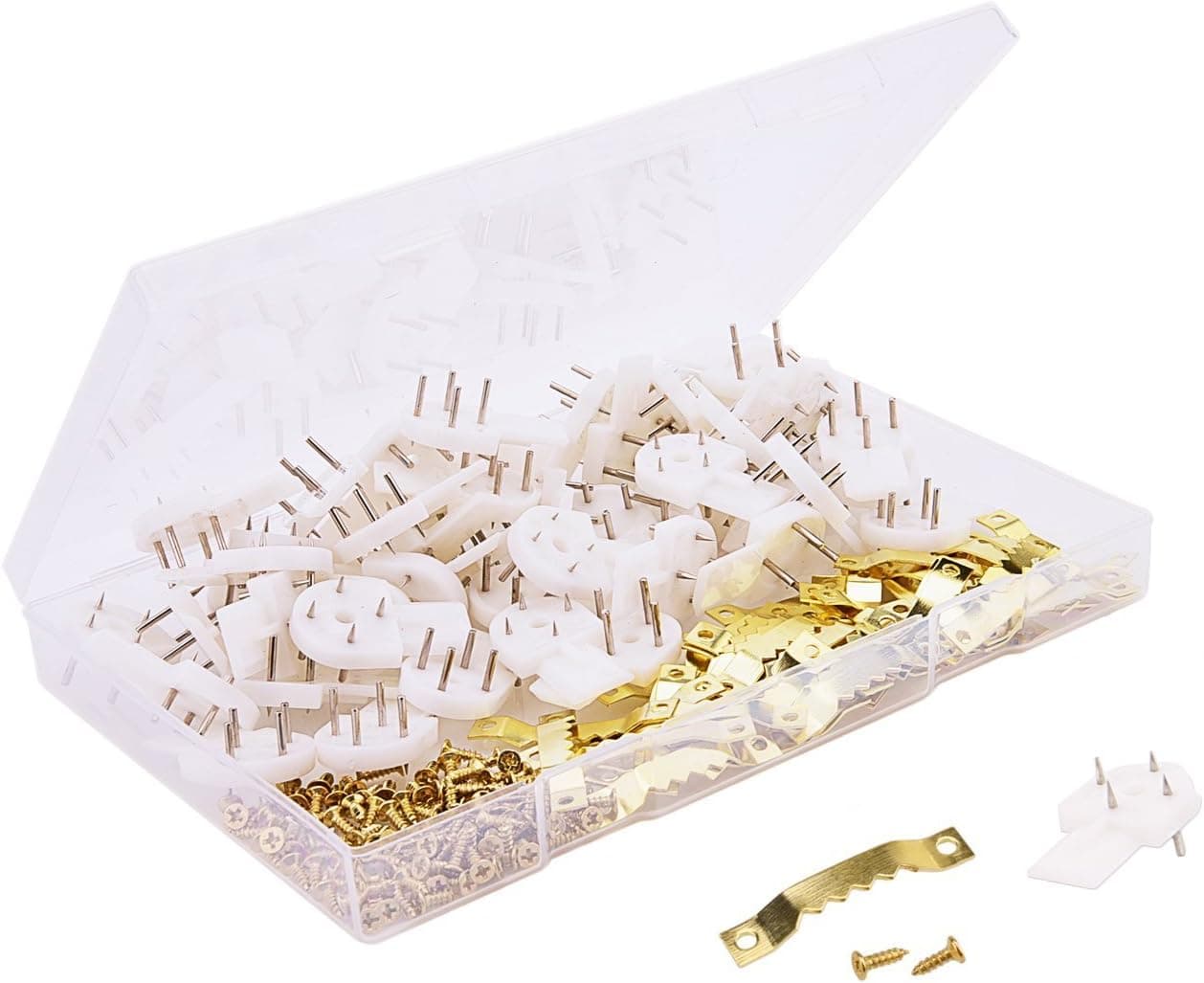 Sunmns 50 Pack Golden Sawtooth Picture Frame Hangers with Screws and 50 Pack Picture Wall Hooks