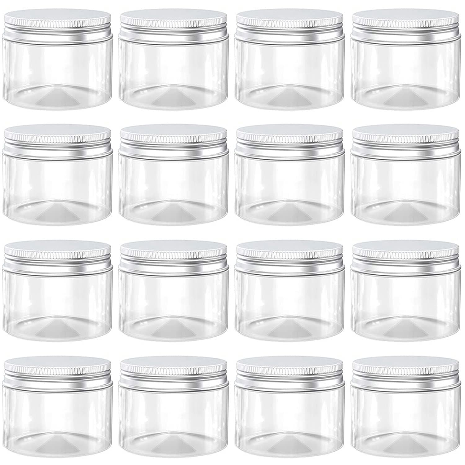 1 Ounce Plastic Jars with Aluminum Lid Leak Proof Clear Containers Jars for Store Liquid, Cosmetic, Cream, 16 Pcs