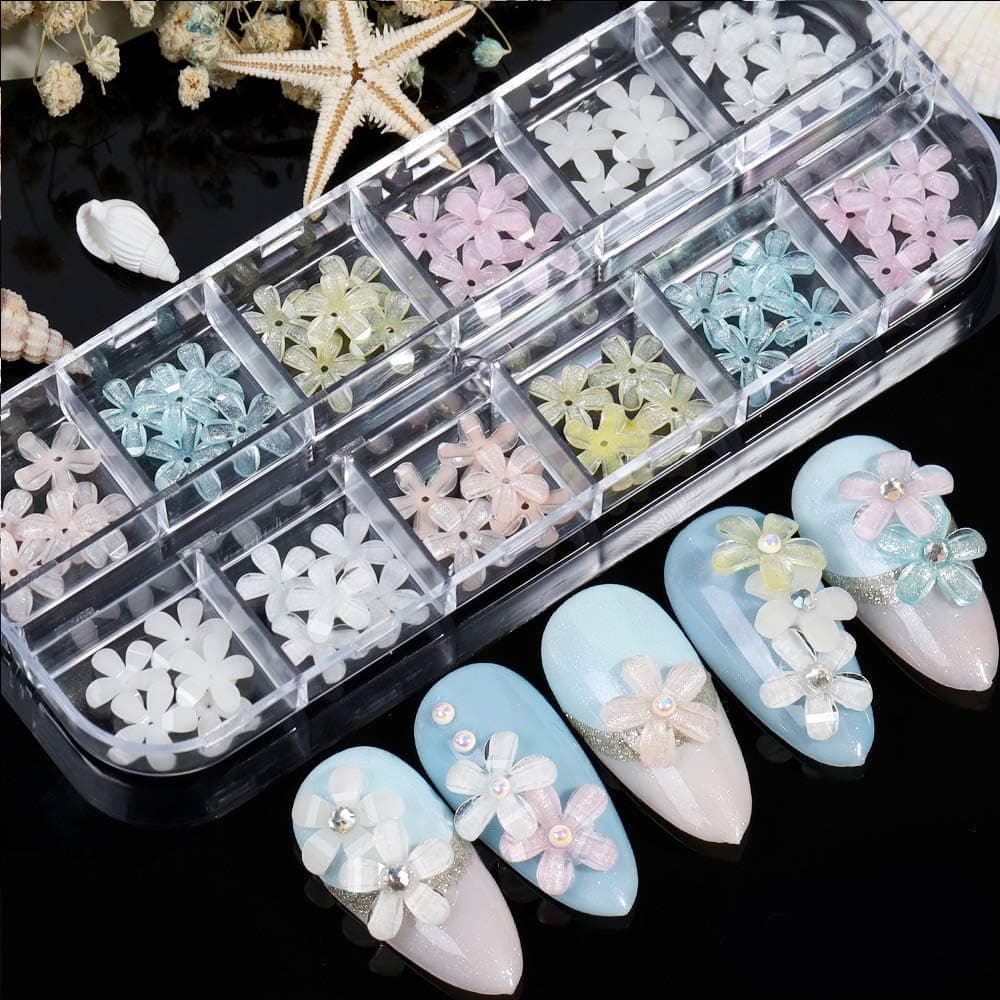 60 pcs Flower Nail Art Charms Glitter Decals Decoration 12 Colors 3D Nail Flower Flat Design Acrylic Nail Art Stud 2021 for Women DIY Manicures Jewelry Salon Nail Accessories Supplies…