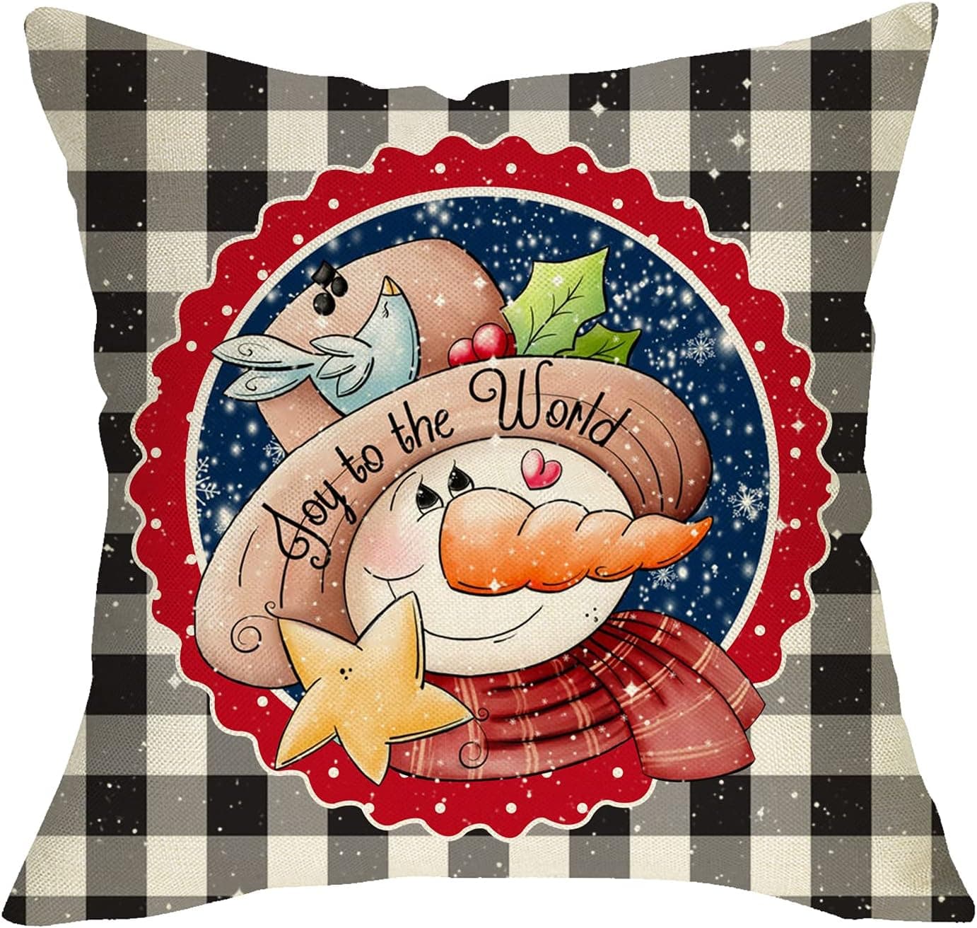 Fbcoo Winter Joy to the World Decorative Throw Pillow Cover, Snowman Black White Buffalo Plaid Check Cushion Case Home Decoration Christmas Farmhouse Pillowcase Decor for Sofa Couch 18x18 Cotton Linen