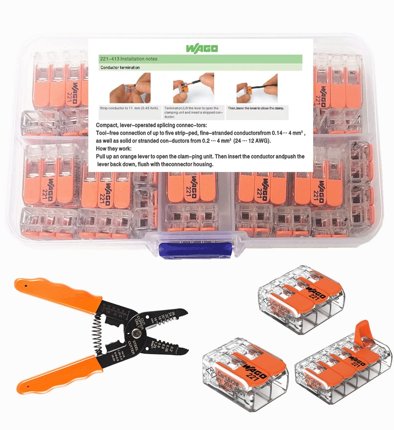 WAGO Wire Connectors-38pc 221 Series Lever-Nuts Assortment-Includes ，Suitable for 12-24AWG Wire connectors(16x) 221-412, (13x) 221-413, (8X) 221-415，8" Professional Wire Stripper-Wire Cutter（1）