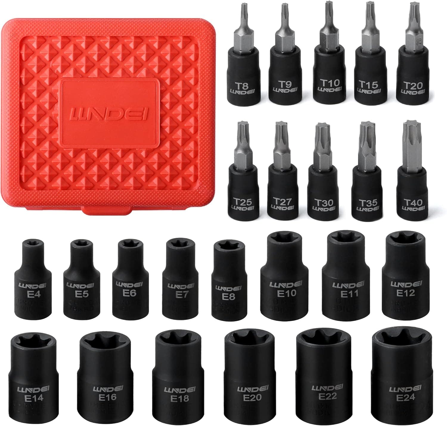 Torx Bit Socket and Female External Socket Set 24PCS, LLNDEI 10 Star Socket Bits (T8-T40)& 14 Female E-Torx Sockets (E4-E24) 1/4" 3/8" 1/2", CR-V, Star Drive Socket Kit with Mini Storage Box