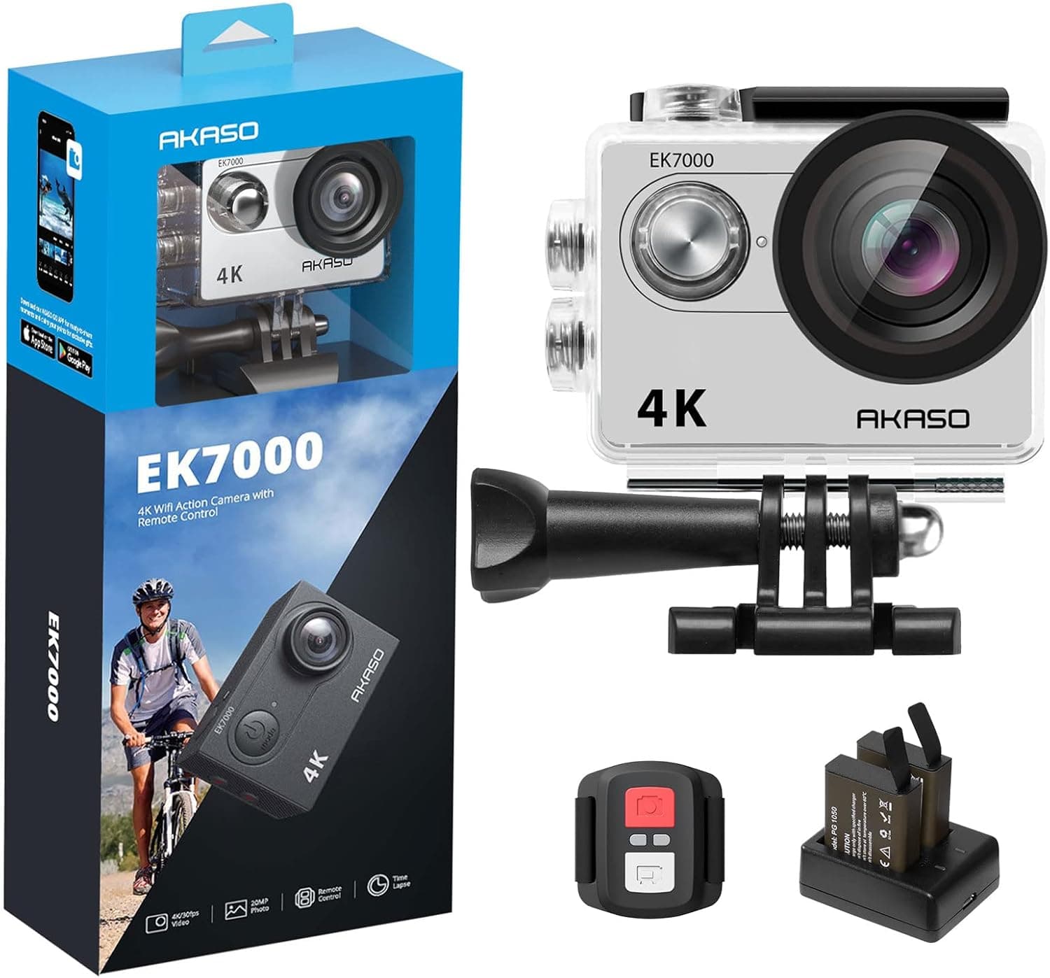 AKASO EK7000 4K30FPS 20MP Action Camera Ultra HD Underwater Camera 170 Degree Wide Angle 98FT Waterproof Camera Support External Microphone Silver
