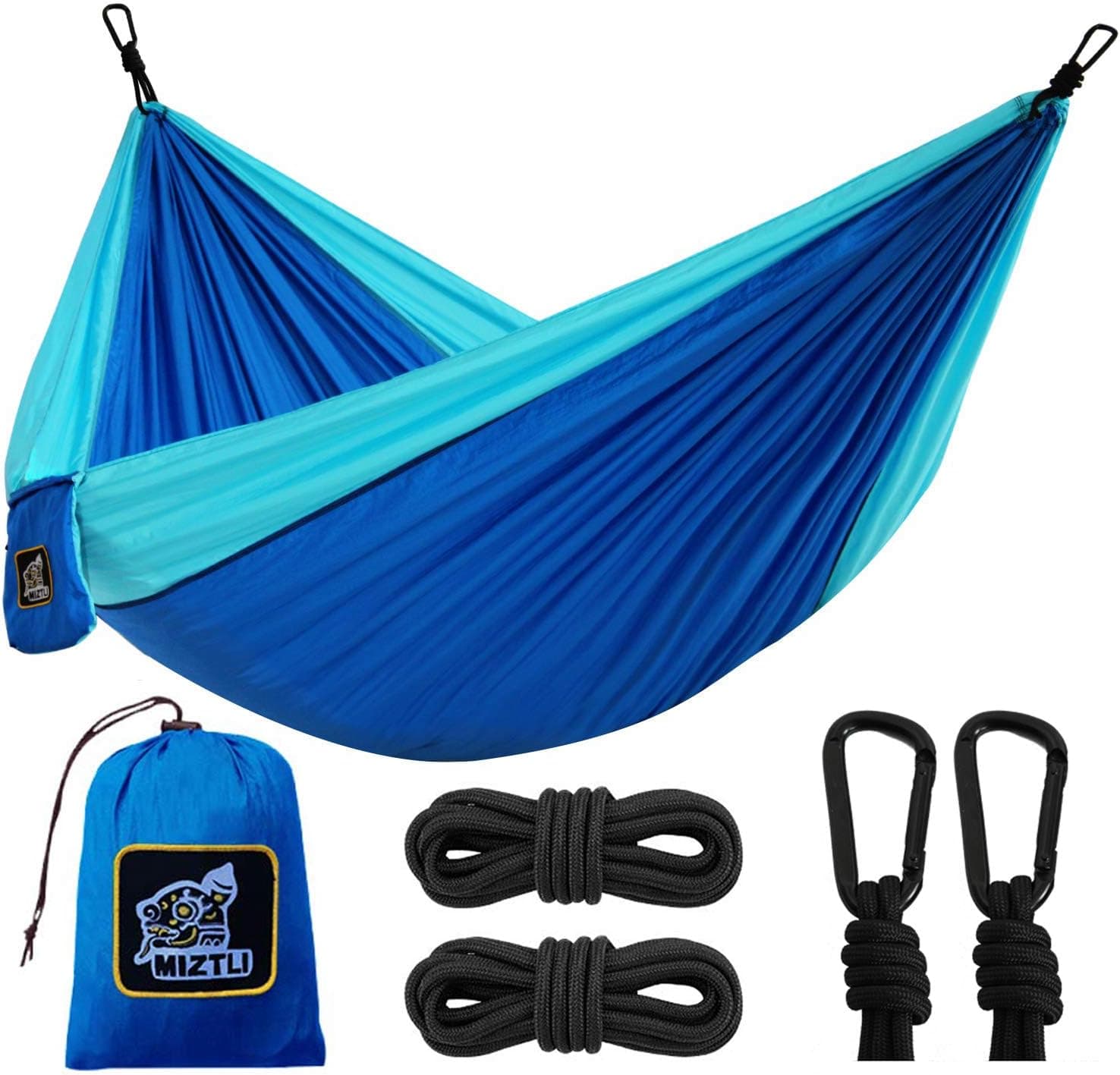 MIZTLI Hammock Camping Double & Single with All The Installations, Portable & Lightweight Travel Parachute Hammock, Outdoor, Indoor, Backpacking, Hiking & Survival