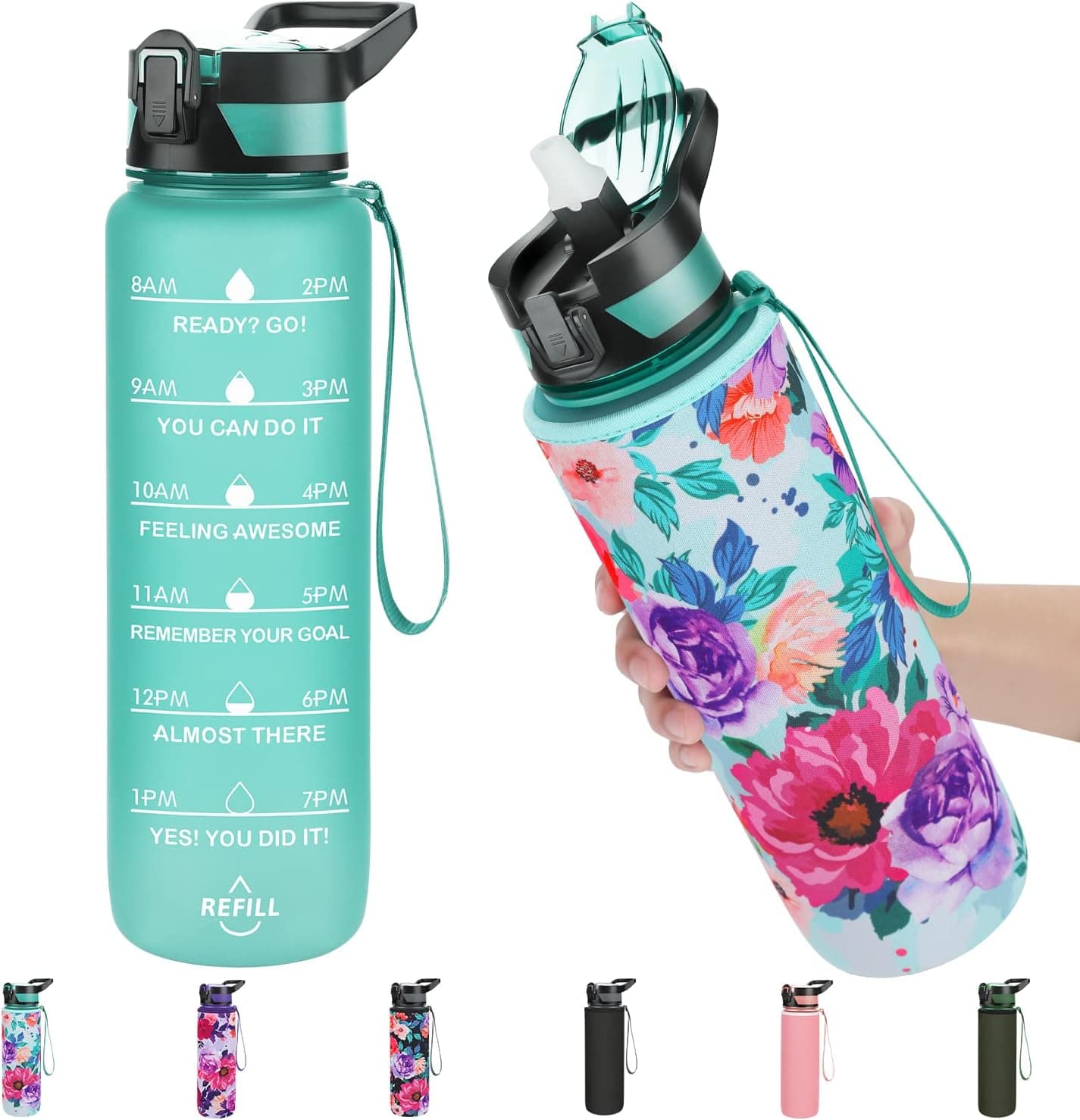 PASER Motivational Water Bottle 32 oz with Sleeve & Covered Straw Lid, BPA Free & Leakproof Tritan Portable Reusable Gym Sports Water Jug with Handle for Men Women & Kids