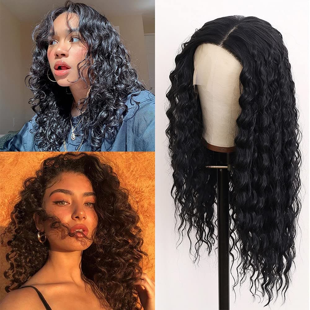 Ashley Black Color Long Kinky Curly Hair Synthetic Lace Front Heat Resistant Wigs for Fashion Women