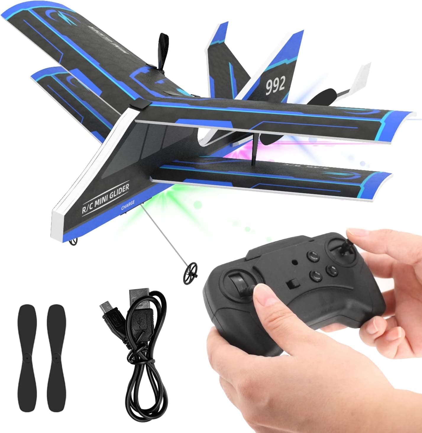 USHINING RC Planes for Kids, Remote Control Airplanes Indoor Outdoor 2.4GHz with Gyro DIY Easy to Fly RC Airplane with LED Light MPP RC Glider for Kids Beginners (Blue)