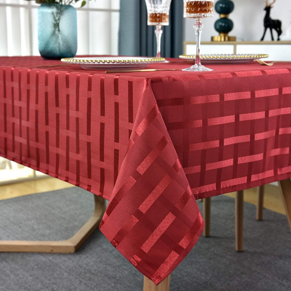 Red Rectangle Tablecloth Plaid Jacquard Table Cloth Spill-proof Tablecloths Shrink Proof Table Cover Wrinkle Proof Tabletop for Kitchen Dining Patio (Rectangle/Oblong, 52" x 70" (4-6 Seats),Red)