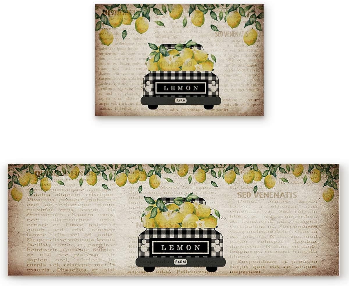 Kitchen Rug Sets 2 Piece Farm Lemon Harvest Truck Non Slip Anti Fatigue Floor Mats Vintage Newspaper Comfort Soft Absorb Cushioned Standing Doormat Runner Rugs (19.7x31.5+19.7x47.2 inch)