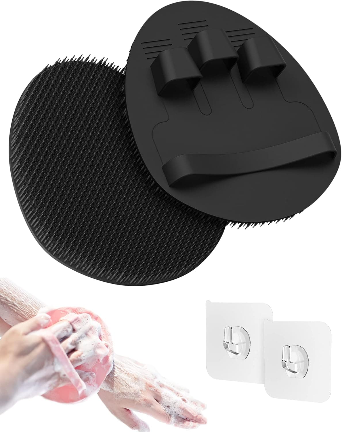 ManmiHealth Soft Silicone Shower Brush, Super-Lathering and Deep-Cleaning Body & Face Scrubber, Gentle Exfoliating Bath Glove for All Skin Types, with 2 Free Hooks.(Black x 2)