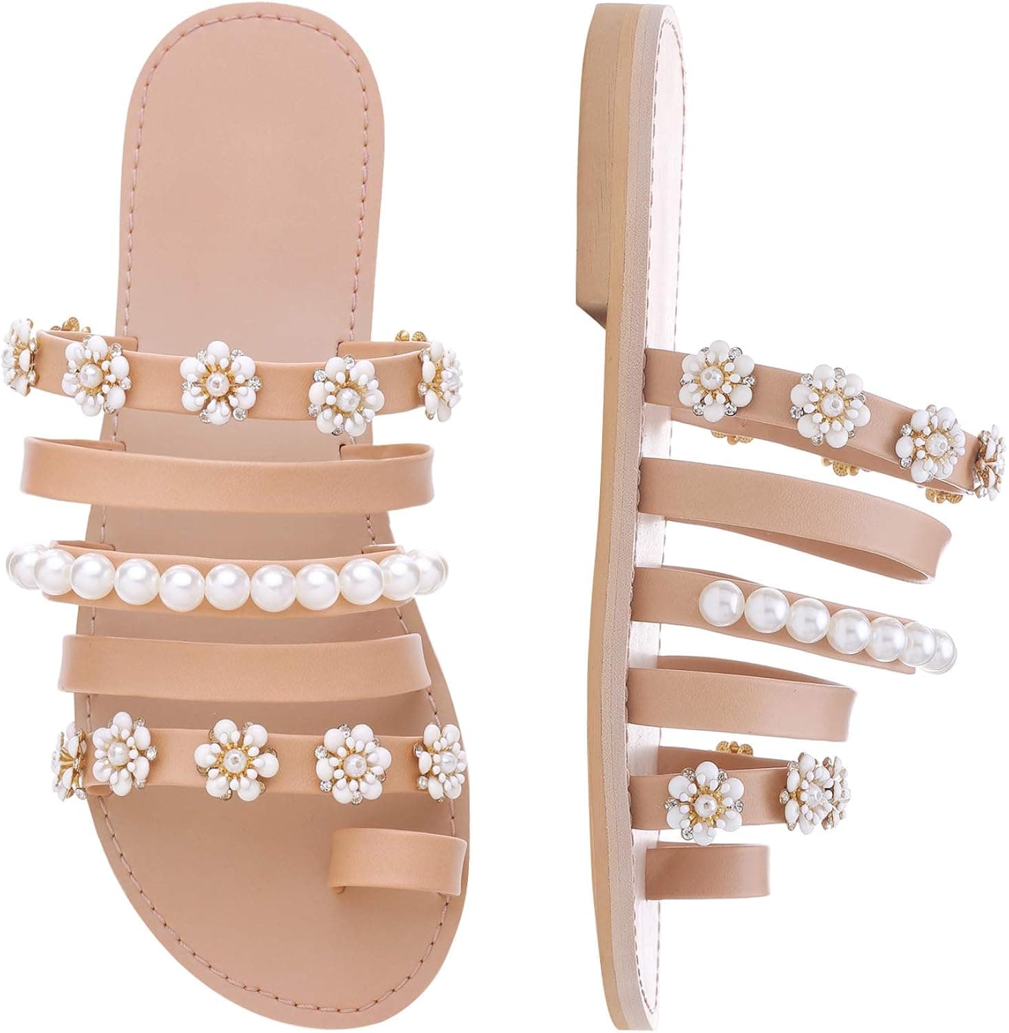 Shoe'N Tale Women Toe Ring Gladiator Flat Sandals Elegant Strappy Flip Flops Casual Comfortable Beach Shoes(9,C-Pearl)