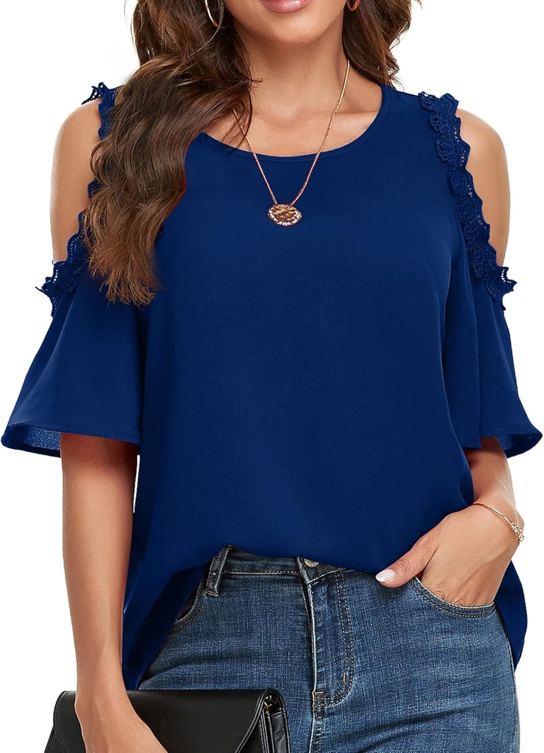 Vshemoi Women's Chiffon Blouses Cold Shoulder Tops with Ruffle Sleeve&Lace Trim Sexy Summer Shirts Loose Fit