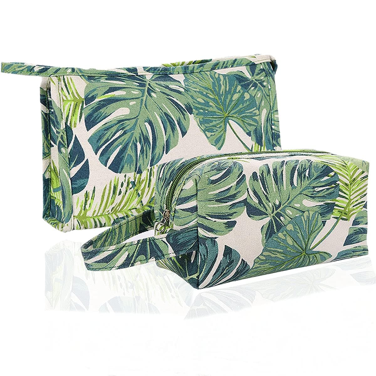 Mirabelly 2 Pcs Green Leaves Makeup Bags Tropical Monstera Cosemetic Bag Canvas Pouch Makeup Bag Travel Toiletry Bag Organizer with Zipper Gifts for Women,1123