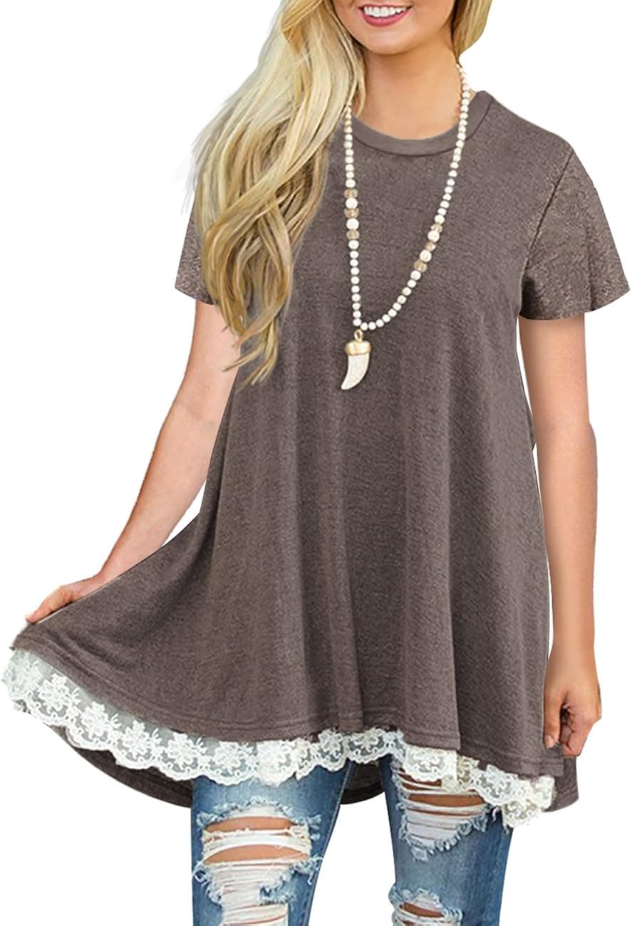 Sanifer Women Short Sleeve Summer Tunics Lace Trim Tops Blouses T Shirts (XX-Large, Short Sleeve-Coffee)