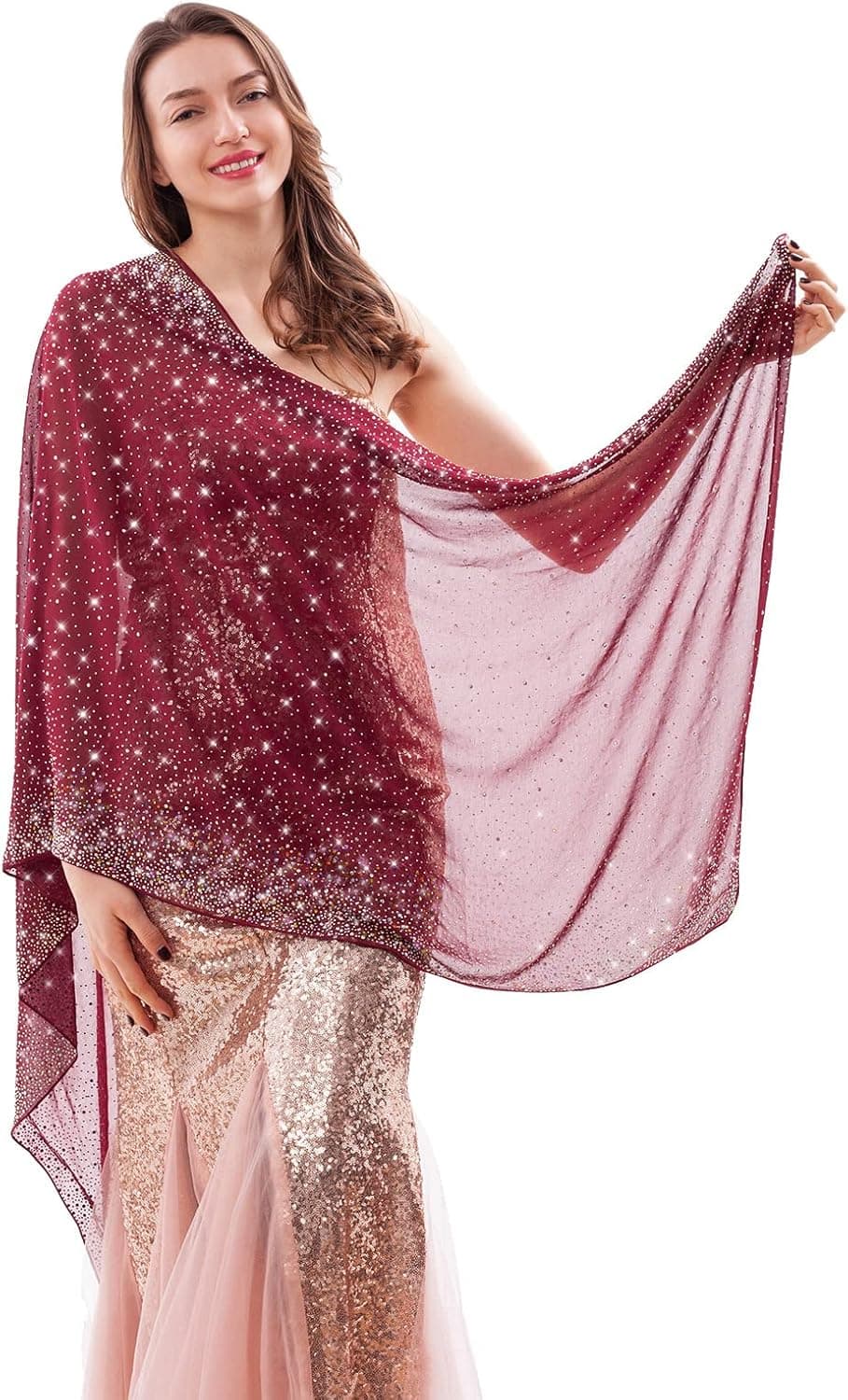 Womens Crystal Rhinestones Soft Chiffon Shawls Wraps for Evening Dresses Sparkly Shawl Wrap Scarf for Bridal Wedding Party