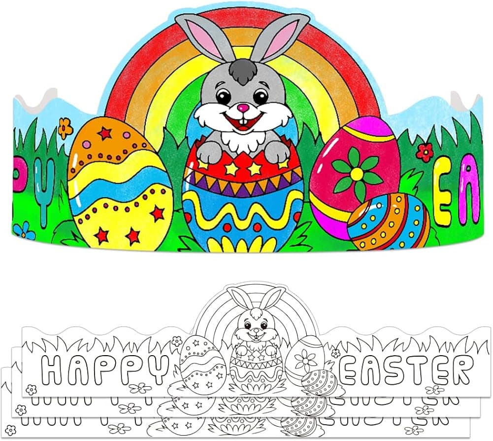 SICOHOME 24PCS Easter Crown for Kids Color Your Own Easter Crowns Easter Craft Kits for Kids Easter Hat Bulk DIY Easter Coloring Arts and Crafts Kit for easter party favors Spring School Activity